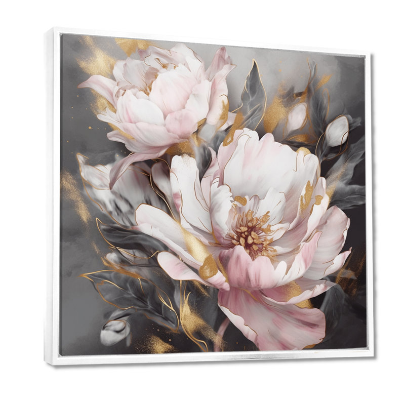 Pink Grey Peonies Elegance II - Print, 16" H x 16" W, Floater Framed, White