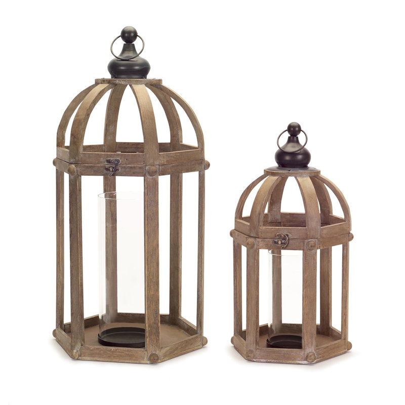 Ensemble de deux bougeoirs de lanterne de plancher en bois et verre brun patiné