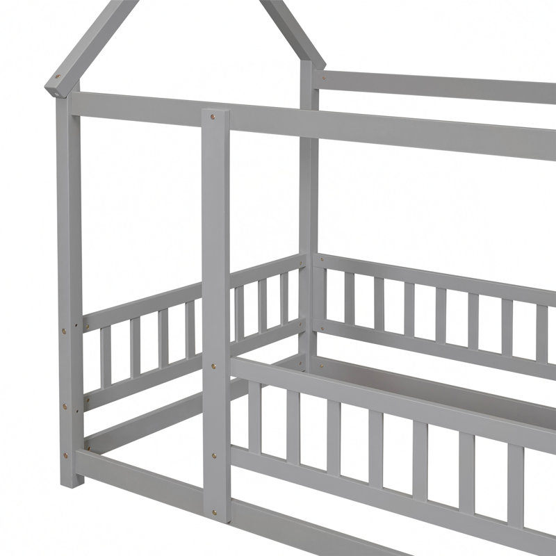 Thendara Floor Bed Frame, Wooden Platform Bed with House Roof Frame and Fence Guardrails, Twin, Grey