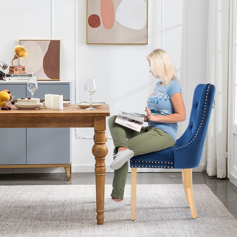 Chaises de salle à manger, chaise de salle à manger rembourrée haut de gamme avec anneau clouté, 4, Velours bleu foncé, Noir