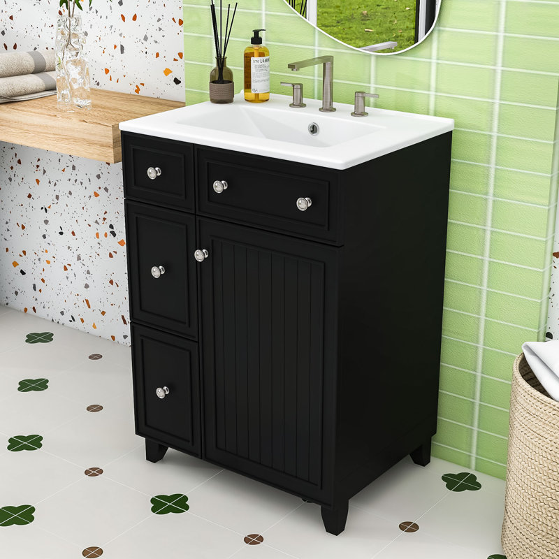 Sophisticated Small-Space Bathroom Vanity with Durable MDF Construction, Black, Silver