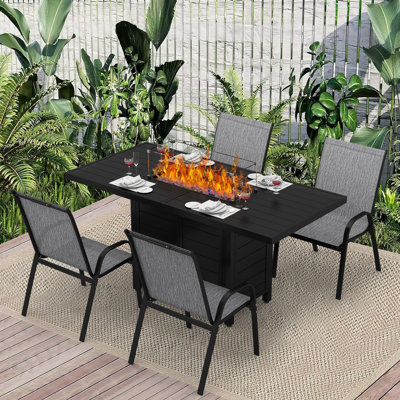 5-Piece Outdoor Patio Dining Set, 60'' Outdoor Propane Firepit Table  &  4 Stackable Chairs