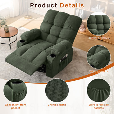 Fauteuil inclinable et pivotant Massage avec massage par vibration et chauffage lombaire pour adultes, canapé-lit inclinable surdimensionné à bascule 350LBS avec poche latérale, porte-gobelet et port de charge USB pour le salon