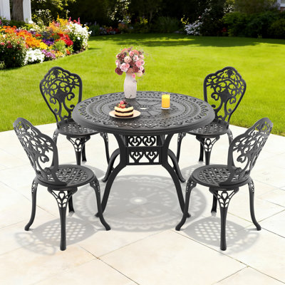Ensemble de salle à manger d'extérieur 5 pièces, table ronde en aluminium moulé de 100 cm (39,37 po) avec trou pour parasol et 4 chaises avec une largeur d'assise de 39 cm (15,35 po).