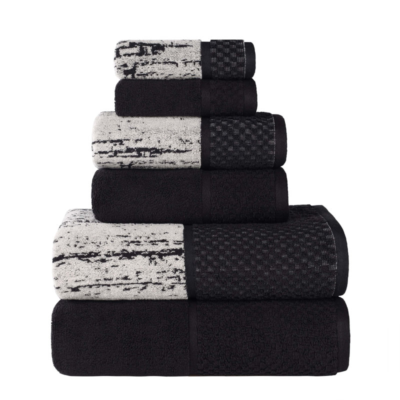 Lodie Cotton Plush Soft Absorbent Jacquard Solid and Two-Toned 6 Piece Towel Set, Black/Ivory