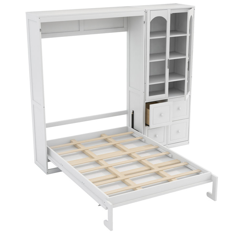 Grand lit escamotable avec armoire réversible de gauche à droite, portes en acrylique, 4 tiroirs et armoires à tablettes de rangement multiples, blanc