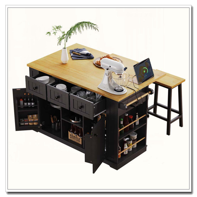 53-inch Kitchen Island Set with 2 Bar Stools, Drop Leaf & Power Outlet (Three Packages), Black