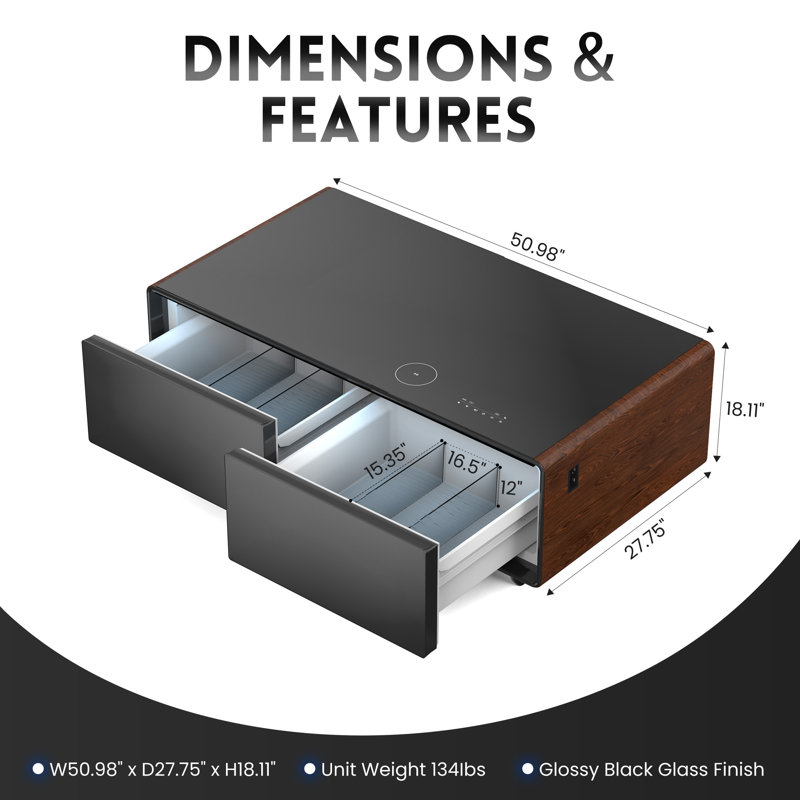 Table basse intelligente avec réfrigérateur 135L, chargement sans fil et haut-parleur Bluetooth, Noir / brun