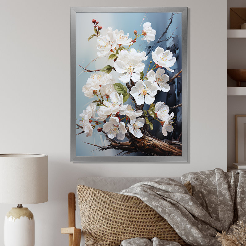 Minimalisme, impression sur toile de cerisier blanc et bleu I, 32" H x 16" W, White Picture Framed