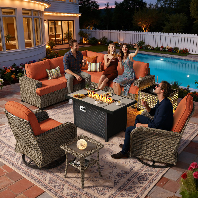 7- Person Outdoor Wicker Patio Conversation Furniture Set With Fire Pit Table, Orange
