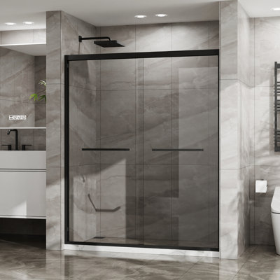 Shower Door 60 In. X 72 - Clear Tempered Glass, Matte Black, Magnificent W H Double Sliding Glass With Black Aluminum Frame, Stainless Steel Hardware