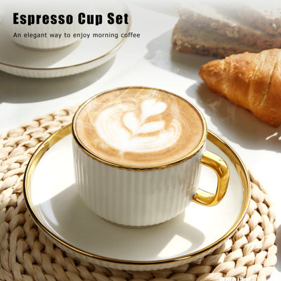 Ensemble de 4 tasses à cappuccino, ensemble de tasses à espresso 7 oz avec soucoupes et cuillères, tasses à café en céramique à garniture dorée pour café au lait, moka, au lait, lave-vaisselle et micro-ondes, Art déco (rayures dorées / 200 ml)