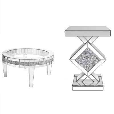 Ensemble de 2 tables basses rondes à motif incrusté en diamant + console d'appoint en miroir Glam