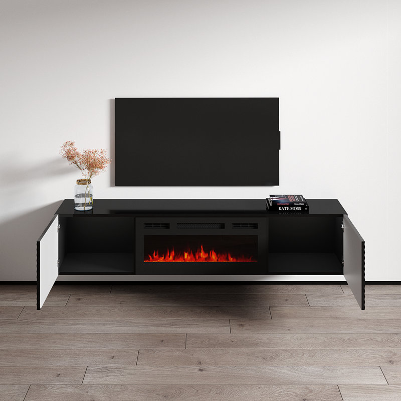 Meuble télé moderne avec foyer électrique 70,9 po Attalla, Noir