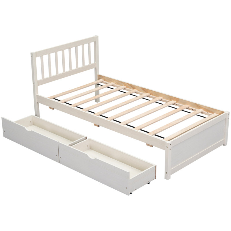 Lit simple avec 2 tiroirs au fini blanc délavé - Fabrication en bois d'hévéa robuste pour une chambre à coucher. Refonte moderne des espaces de rangement efficaces et de qualité.