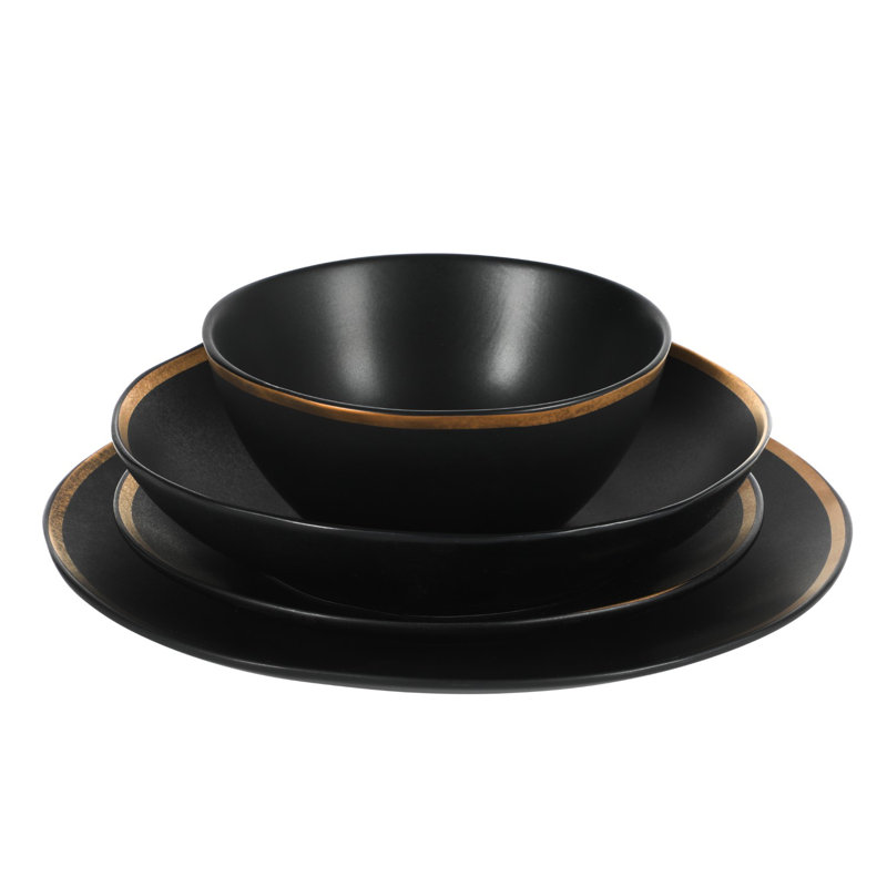 Gibson Elite Kings Road Ceramic Dinnerware Set - Service for 4, Matte Black/Gold Rim