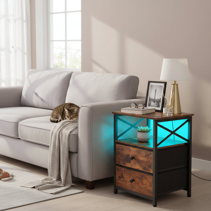 Metal Bedside Table, Rustic Brown