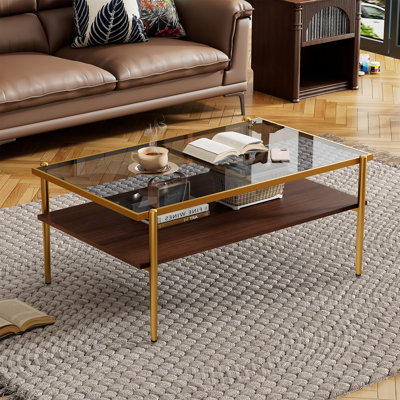 Table basse rectangulaire avec plateau en verre trempé gris et pieds dorés, table de salon moderne, table