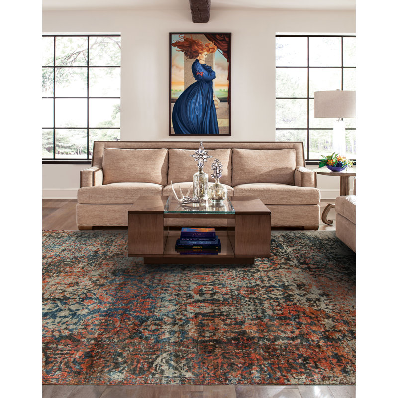 Shangri-La Hand Knotted Wool Area Rug in Blue/Coral/Silver/Black, Rectangle 8' x 10'