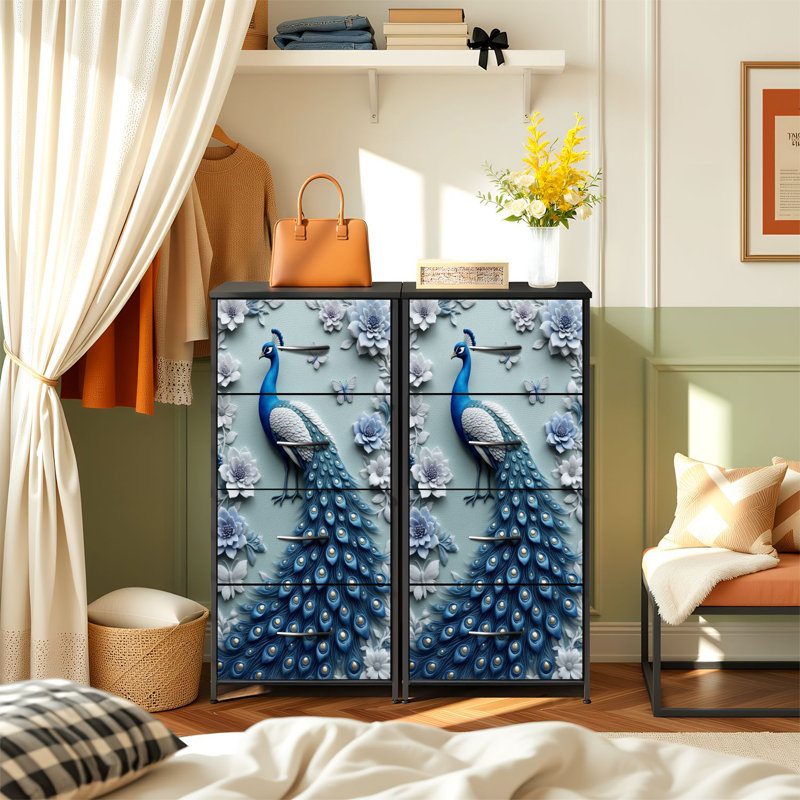 Commode pour la chambre à coucher avec 4 tiroirs de rangement Élégantes plumes de paon modernes fleurs tons bleus motifs complexes Commode commode en acier avec organisateur de placard pour vestibule