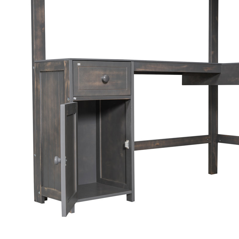 Lit mezzanine double en brun antique avec bureau en forme de U et options de tiroirs abondantes - cadre en bois stable offrant de nombreux choix de rangement
