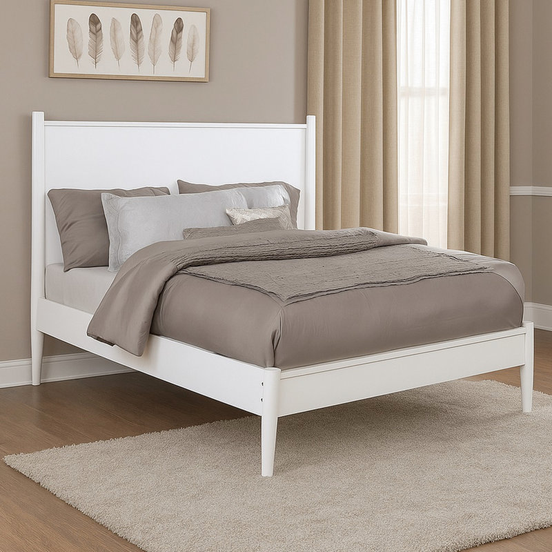 Lit grand format Mid-Century blanc, bois massif +, sans sommier, lit plateforme simple à assembler avec tête de lit haute, lattes, ressort