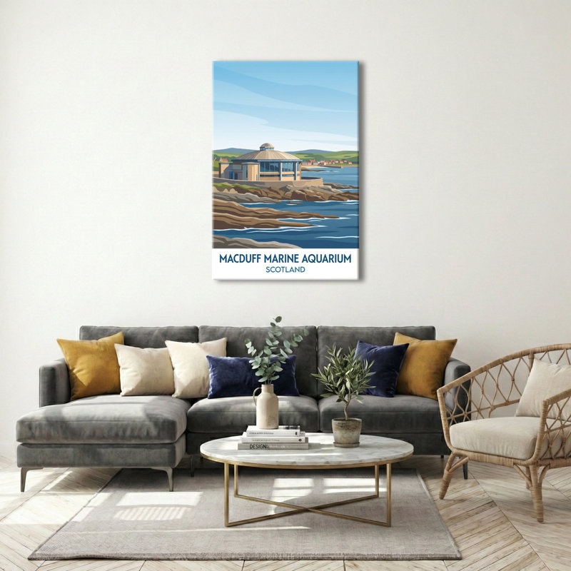 Macduff Marine Aquarium, Scotland - Coastal Romance Travel Poster Of Iconic Architecture. Giclee Print On Wrapped Canvas. Wall Art, Home Decor - Iconic Buildings & Architecture, Scotland - Wrapped Canvas Print