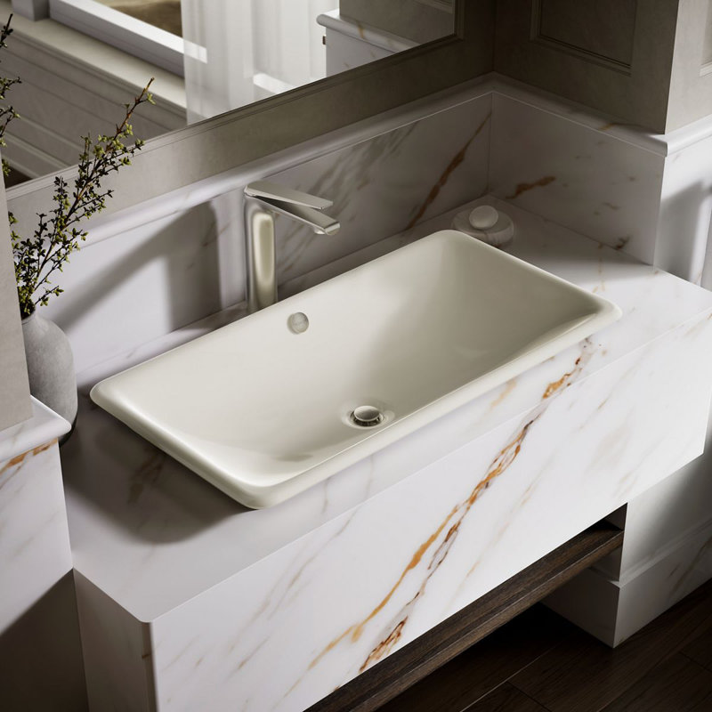 Iron Plains Metal Rectangle Dual Mount Bathroom Sink with Overflow, Biscuit