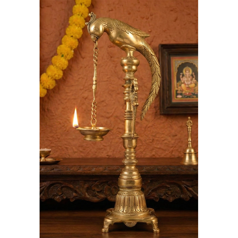 Lampe perroquet suspendue en laiton 17 po - Plafonnier indien fait à la main pour temple, salle de prière et décoration artistique pour la maison