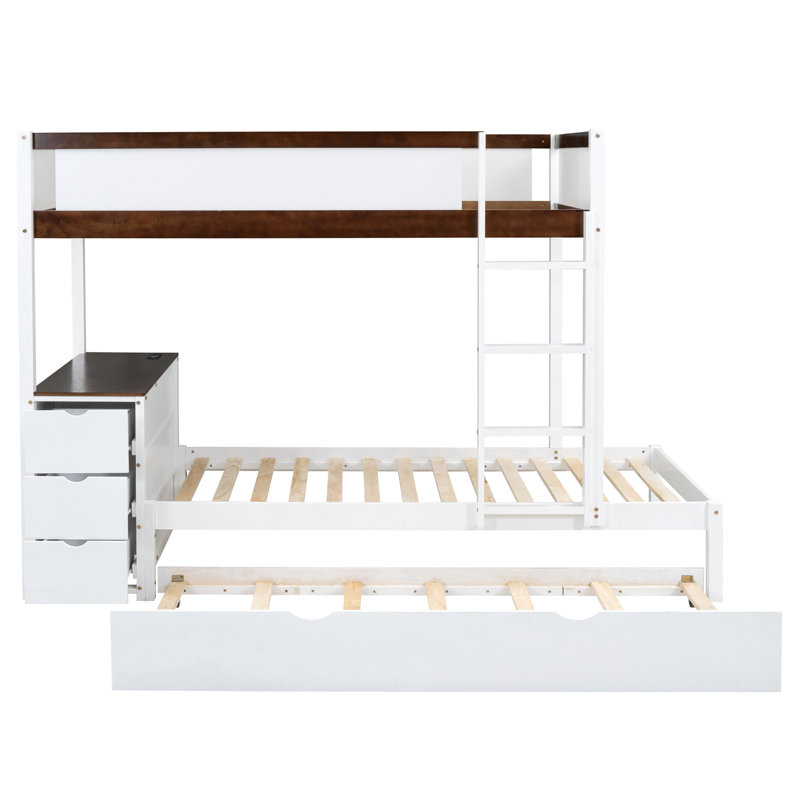 Lit superposé Twintwin avec bureau, rangement blanc et noyer