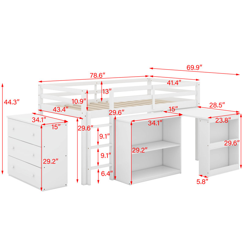 Lit mezzanine simple avec armoire à tiroirs, armoire à tablettes et bureau, Blanc
