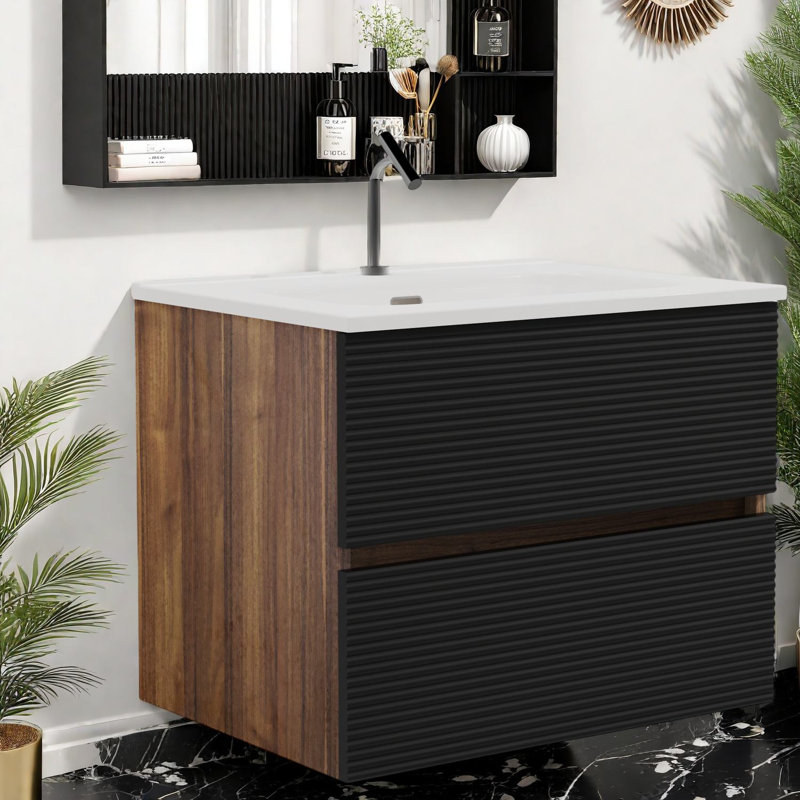 Meuble-lavabo spacieux en noir et noyer avec lavabo, solution de rangement moderne
