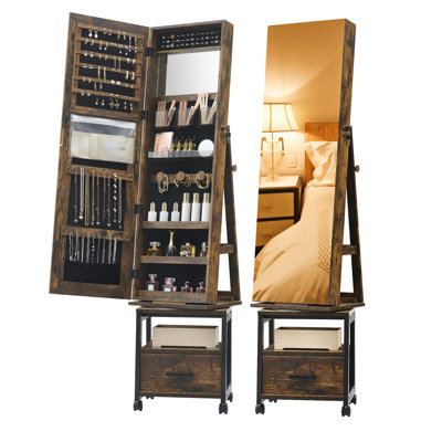 Armoire à bijoux pivotante à 360 °, organisateur de bijoux sur pied verrouillable avec miroir pleine longueur