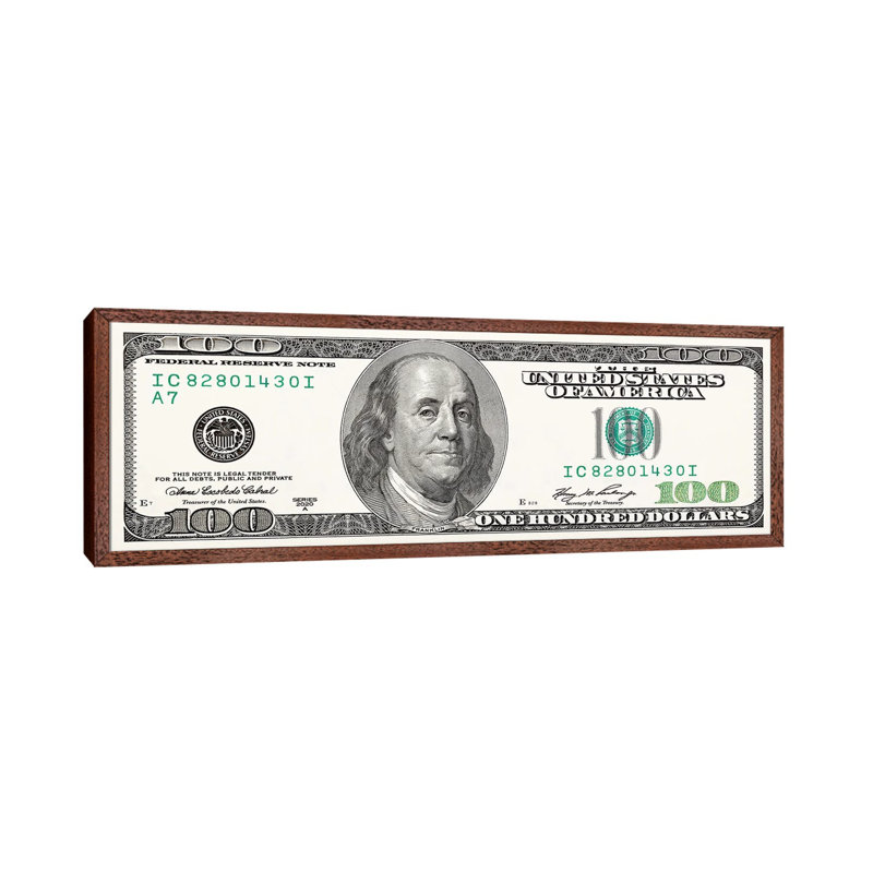One Hundred Dollar Bill 1 Piece Panoramic Wall Art on Canvas, 40.64cm H x 121.92cm W x 3.81cm D, Brown Framed