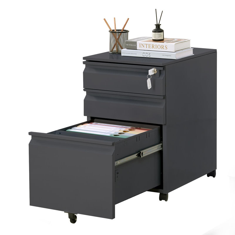 3-Drawer Metal Filing Cabinet with Lock, Mobile Under-Desk Rolling Storage for Home Office, Black
