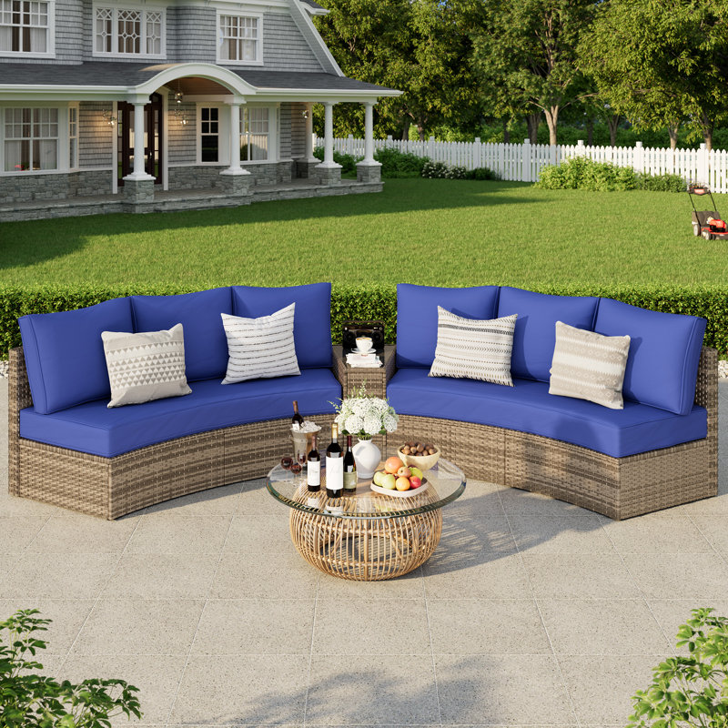 Leiny 7 Piece Half-moon Patio Conversation Set, With Large Storage Wedge Table, Blue, Blue