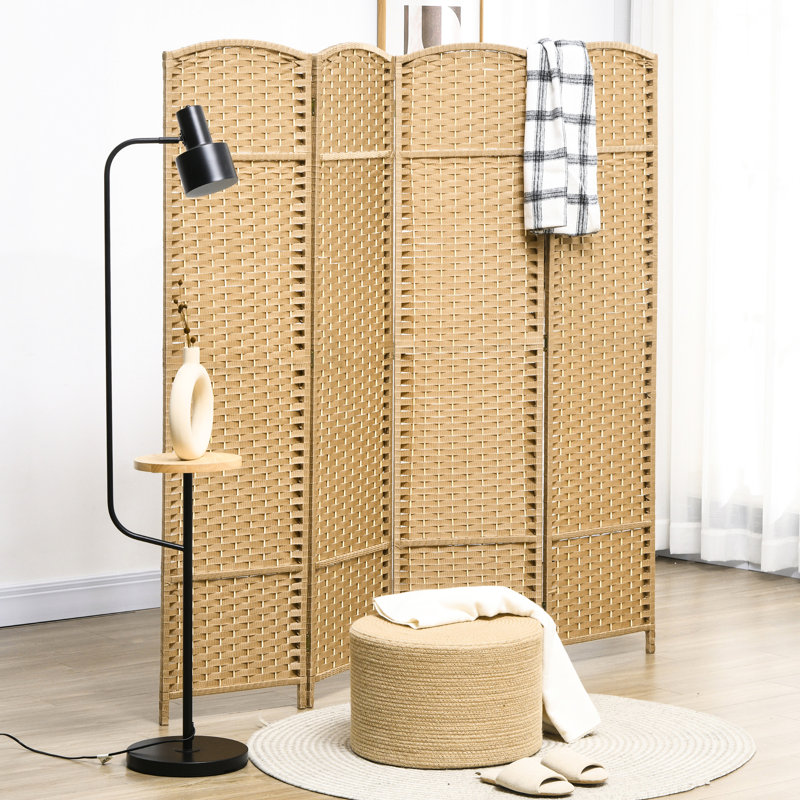 Room Divider 4 Panel, 5.6' Tall For Home. Hand-Woven Pattern With Natural Wood Flavour. Versatile Partition. Frame & Polypropylene Webbing. Lightweight And Foldable. No Assembly Required Panel Folding