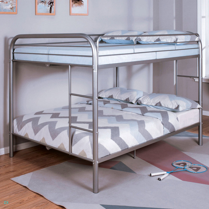 Lit superposé double en métal de style contemporain avec échelle en angle, Lit superposé double sur double, Argent argent