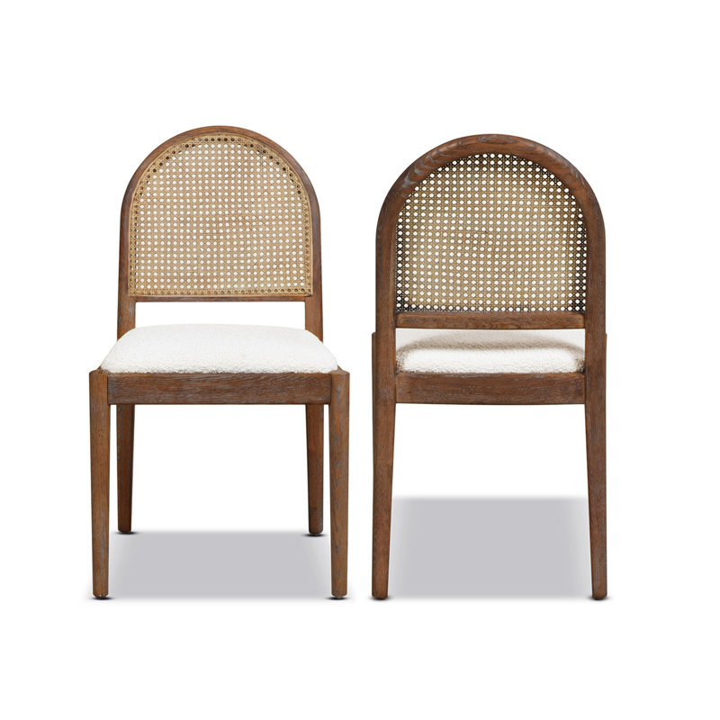 Ivory White Boucle Rattan Cane Side Dining Chair Set of 2
