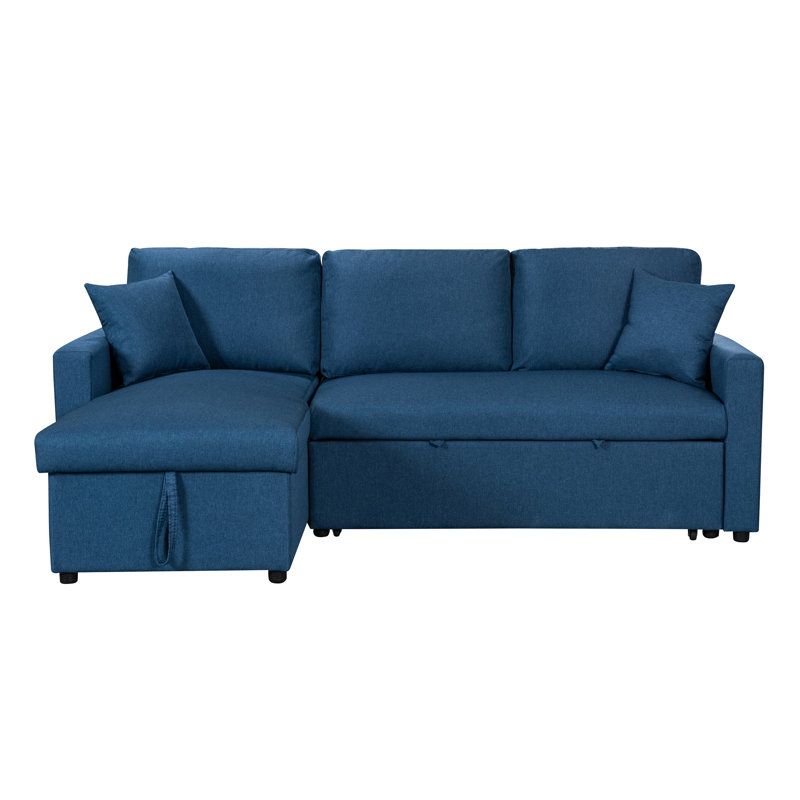 Sorrelle 82"W Blue Linen Fabric Reversible Sleeper Sectional Sofa With Storage Chaise, Blue Linen
