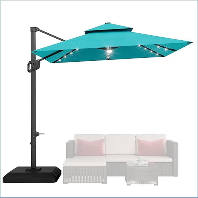 10' x 10' Heavy Duty Cantilever Patio Umbrella with Solar LED Lights & Weighted Base, 2-Tier Square Aluminum Offset Outdoor Umbrella with 360-Degree Rotation for Backyard, Deck, Pool