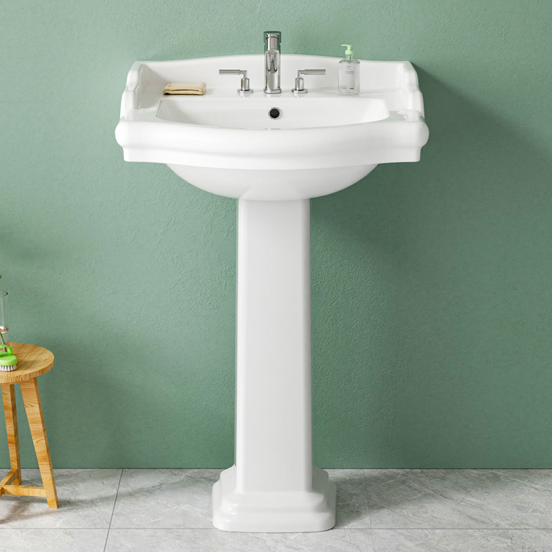 Ensemble de lavabo sur pied en porcelaine vitrifiée l 23 po x P 19 po avec dosseret, 3 trous de robinet et 1 trou de trop-plein, blanc