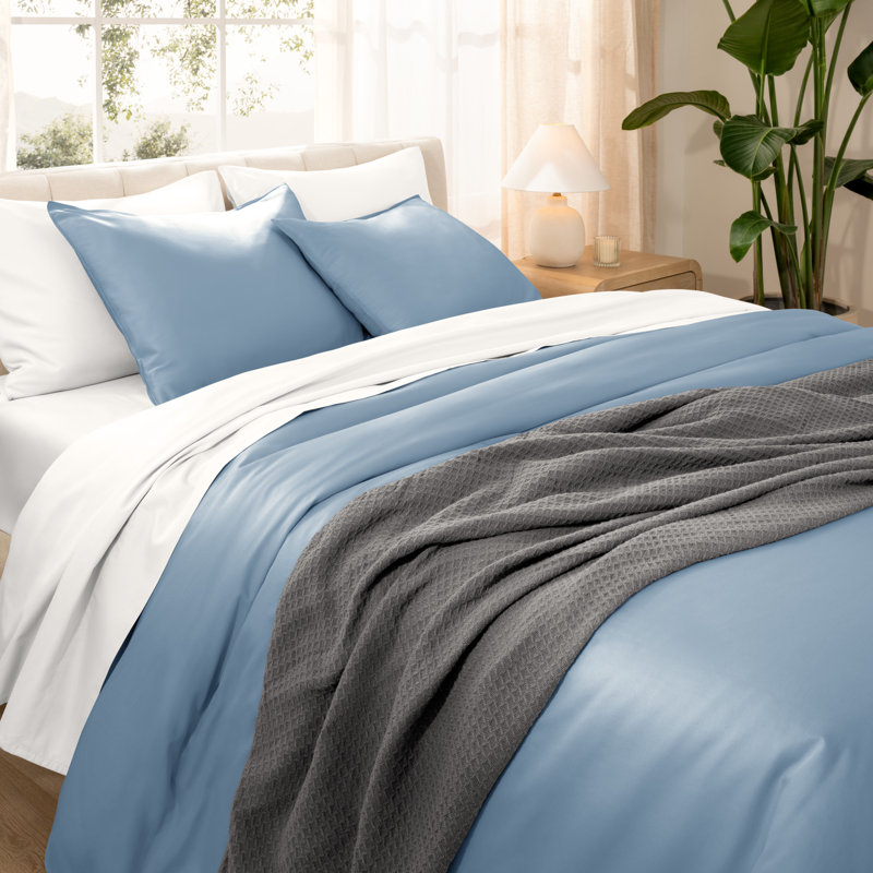 400 Thread Count Organic Cotton Sateen Duvet Cover Set, Dusty Blue, Queen Duvet Cover + 2 Standard Shams