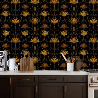 Peel and Stick Wallpaper Contact Paper Art Deco Fan Gold Botanical Motifs Black Self Adhesive and Removable 24in x 118in(60x300cm)