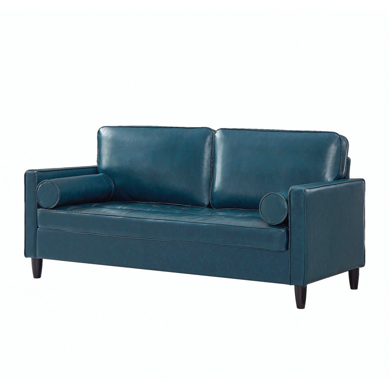 Canapé en cuir de style classique, similicuir respirant avec coussin de siège capitonné, pieds en bois massif pour le salon, bleu marine