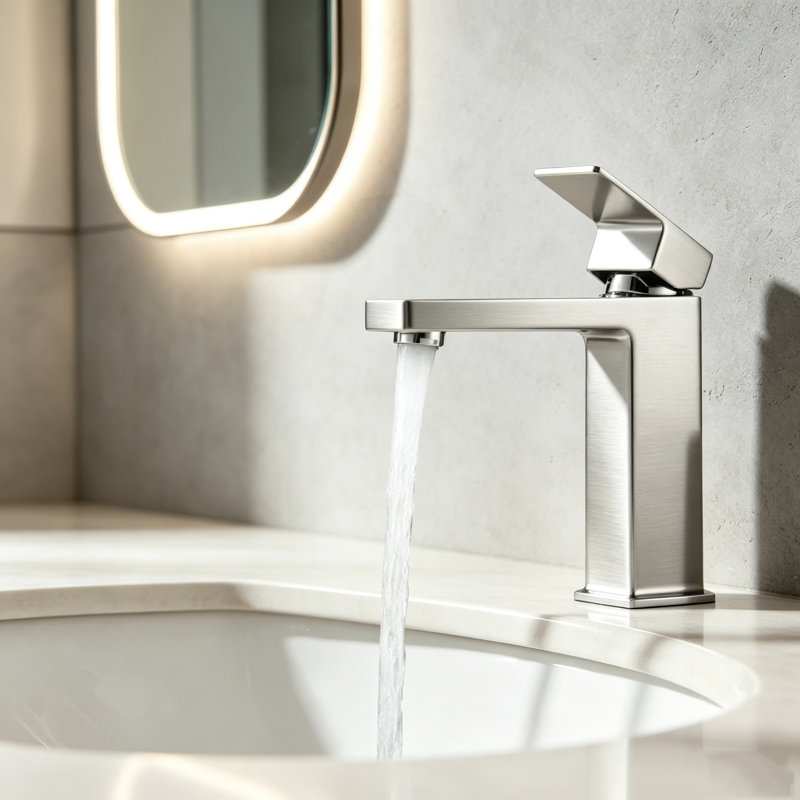 Single Handle Square Bathroom Sink Faucet, One Hole Deck Mount Basin Faucet with Ceramic Cartridge for Bathroom Vanity