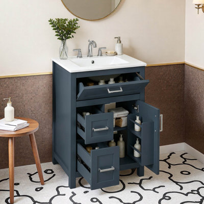 Meuble-lavabo simple autoportant de 24 pouces avec lavabo en céramique, 1 porte, tiroir rabattable et 2 tiroirs