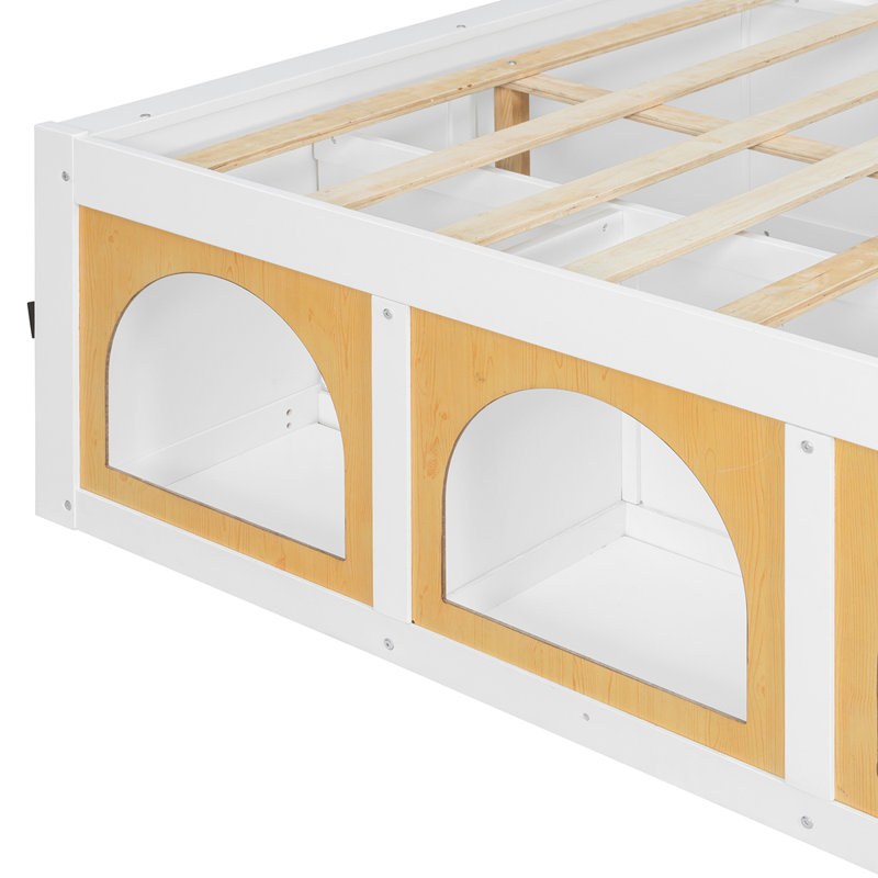 Lit plateforme double en bois avec bibliothèque, vitrine, lumière DEL et tiroir