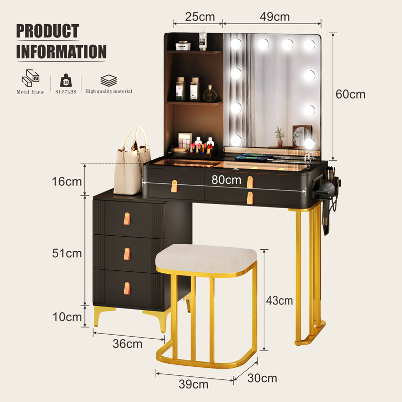 Dressing Table with Mirror, Black/Gold