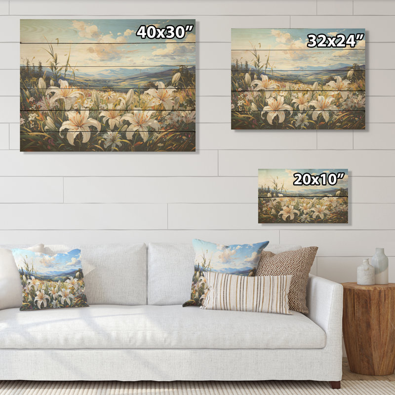 Embellissement de champ de lis sur fond de montagnes Beaut Beauties, H 10 po x l 20 po